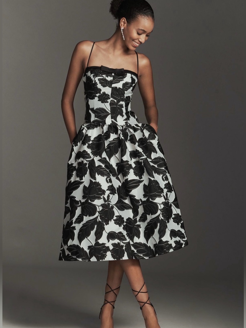 NWT Maeve sleeveless jacquard drop-waist midi dress black white floral sz L